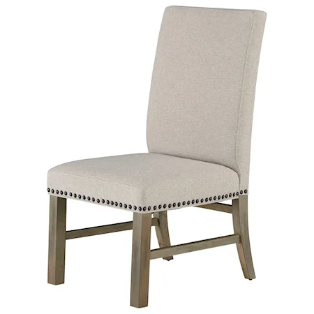 Set of Two Upholstered Dining Side Chairs with Nailheads - Linen Sand