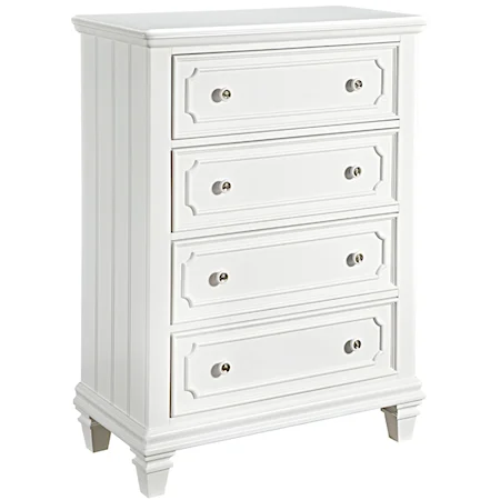 4 Drawer Chest with Clipped Corner Overlays on Drawer Fronts and Nickel Knobs