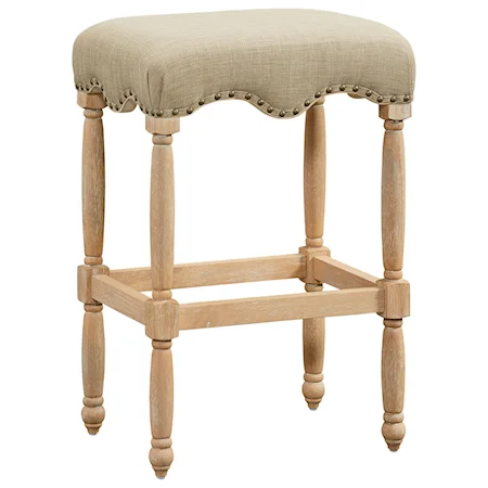 Traditional Barstool with Nailheads - Flax Fabric