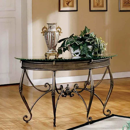 Oval Glass Top Four Leg Sofa Table with Elegant Curved Scroll Work