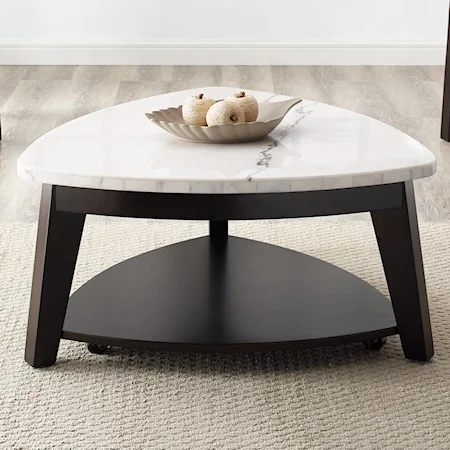 Contemporary Triangle Cocktail Table with Marble Top and Casters