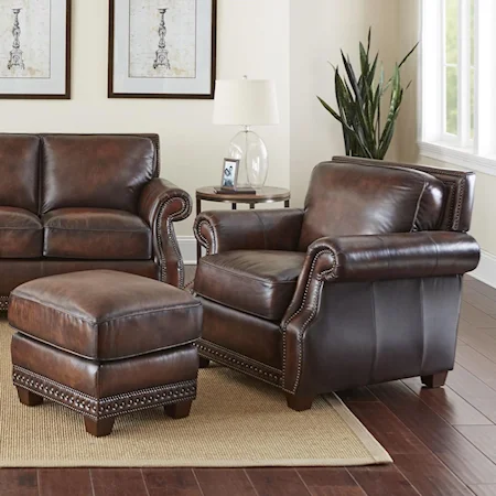 Traditional Leather Chair and Ottoman with Nailheads