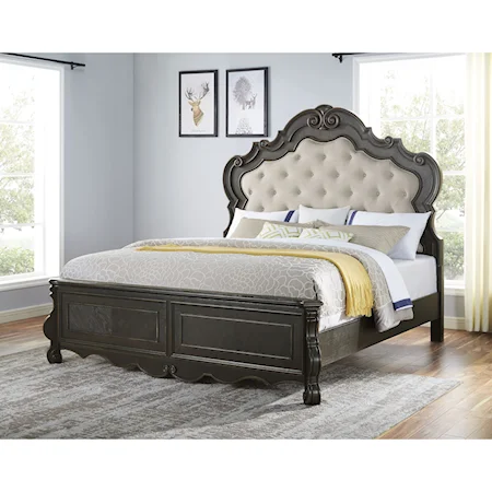 Traditional King Upholstered Panel Bed with Button Tufting