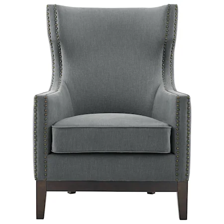 Transitional Linen Accent Chair with Brass Nailhead Trim
