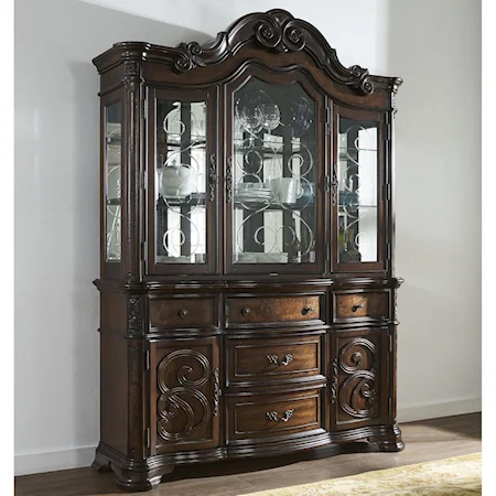 China Cabinet with Etched Glass Scrollwork and Touch Lighting