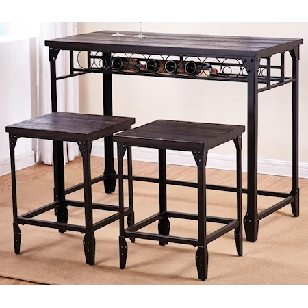 3-Piece Industrial Style Counter Table Set with Wine Rack and Backless Stools