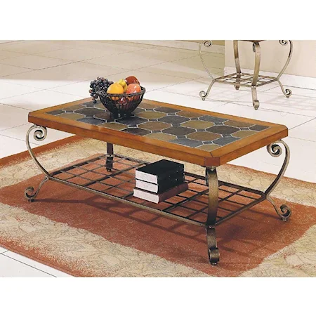 Stylish cocktail table featuring a rectangular wood and tiled top and one large metal lower shelf