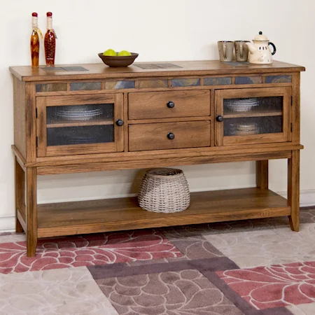 Rustic Oak Server w/ 2 Drawers and Slate Tile