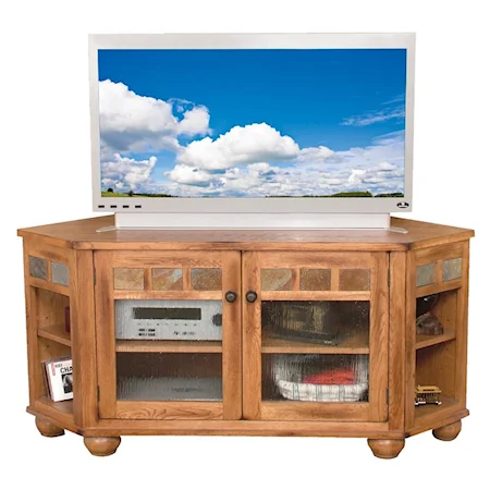 Rustic Oak Corner TV Console w/ Drop Leaf