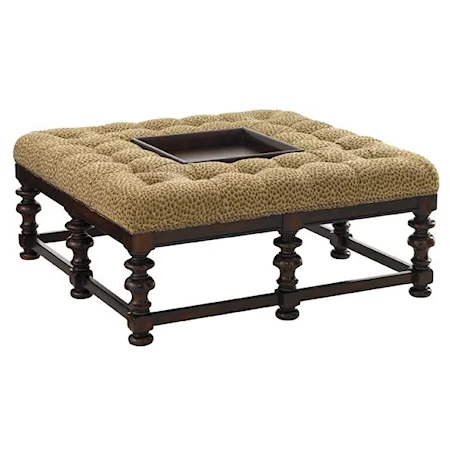 Heather Button-Tufted Cocktail Ottoman with Removable Wood and Copper Tray