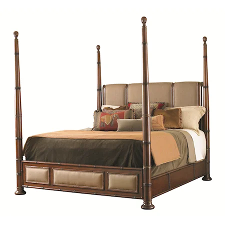 California King Monarch Bay Poster Bed with Upholstered Accents and Brass Nailheads