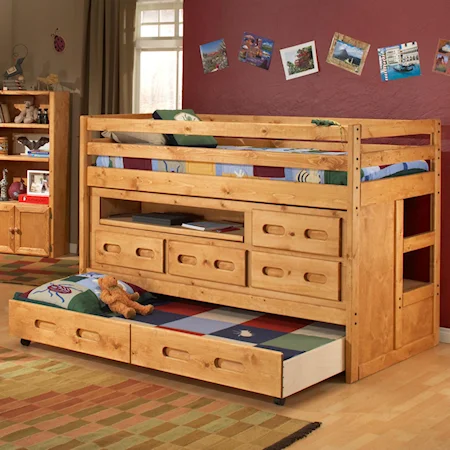 Twin Bunkhouse Junior Rodeo Loft Bed with Desk/Drawer Unit and Trundle Unit