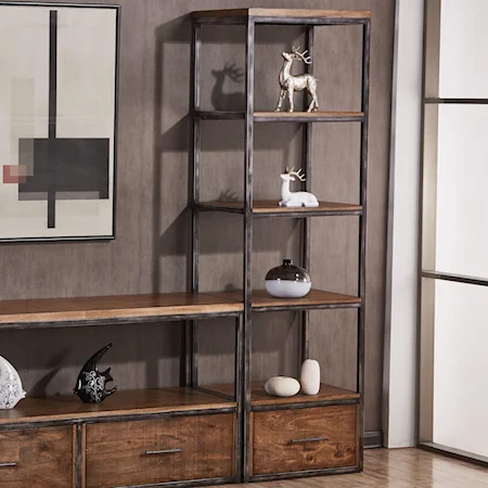 Contemporary Industrial Open Bookcase with Distressed Finish