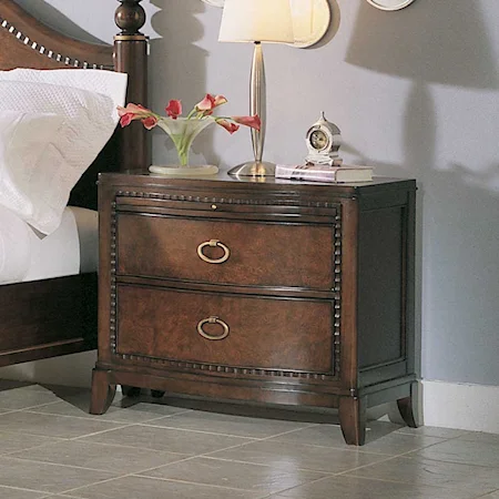 Two Curved Front Drawer Nightstand with One Pull Out Laminate Shelf