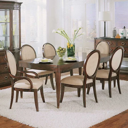 Seven Piece Rectangular Wood Top Four Leg Table and Oval Back Upholstered Seat Dining Chair Set