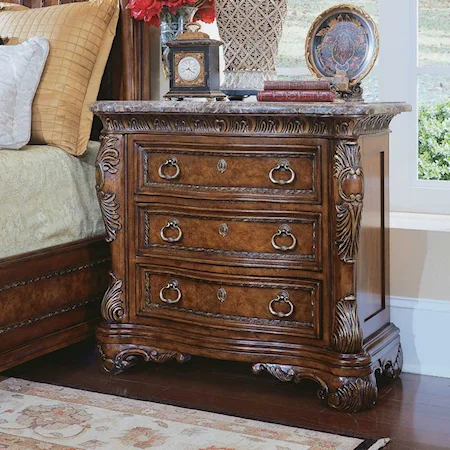 Three Drawer Serpentine Front Stone Top Nightstand