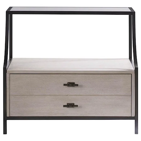 1-Drawer Stone Top Nightstand with Matte Black Metal Frame