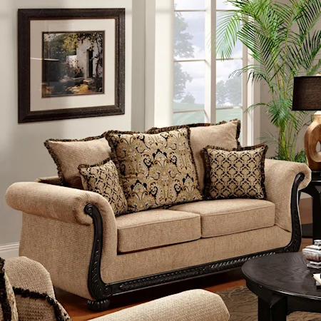 Traditional Rolled Arm Loveseat with Scrolled Wood Trim
