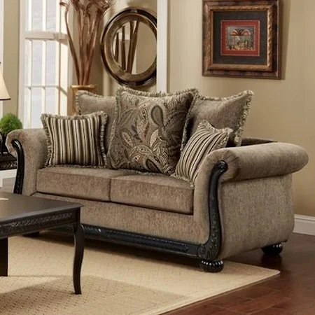 Traditional Rolled Arm Loveseat with Scrolled Wood Trim