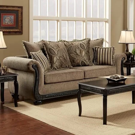 Traditional Rolled Arm Sofa with Scrolled Wood Trim