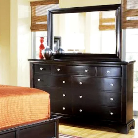 Contemporary Dark Cherry 9-Drawer Dresser & Landscape Mirror